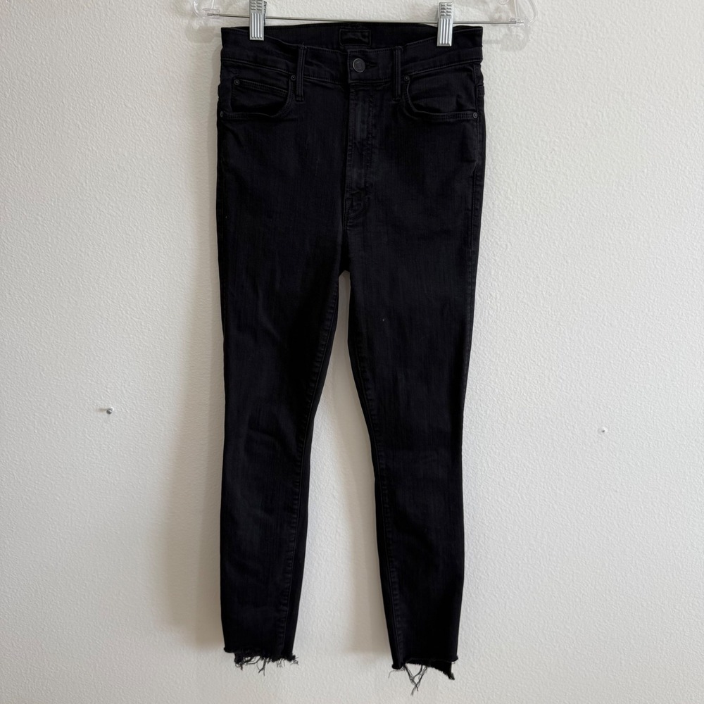 Mother The Looker Ankle Fray Jeans Black High Rise Skinny Raw Hem 25